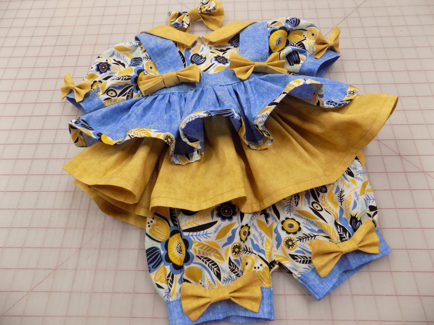 Denim and Mustard Floral Pageant Casual Wear Outfit. Top, Shorts, Suspender Skirt and Bow Set perfect for Fall.