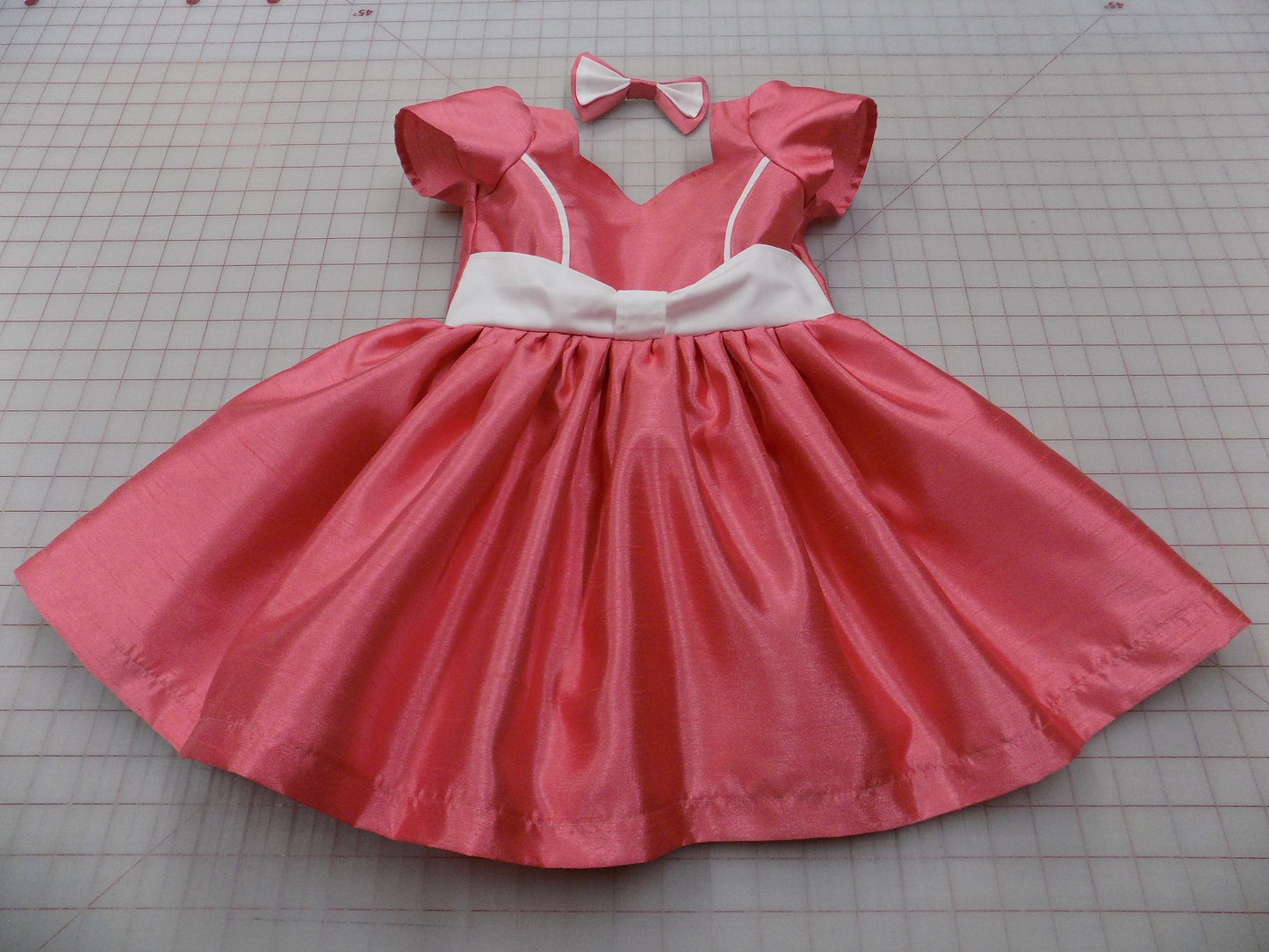 Coral Peach Interview Dress with Sweetheart Neckline for Pageants in Faux Silk Dupioni with Hair Bow