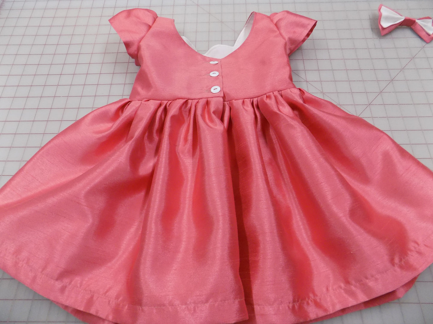 Coral Peach Interview Dress with Sweetheart Neckline for Pageants in Faux Silk Dupioni with Hair Bow