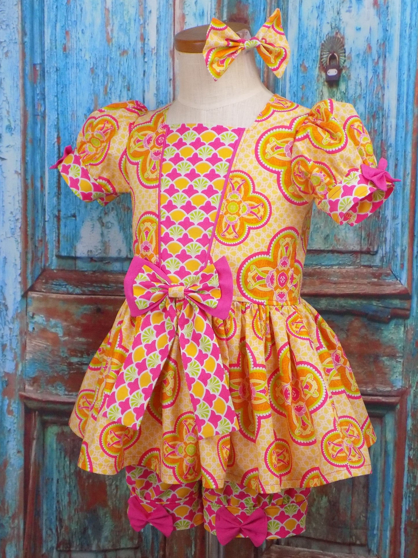 Neon Orange Yellow and Pink Medallion Pageant Casual Wear Outfit. Top Shorts Bow Sportswear Set