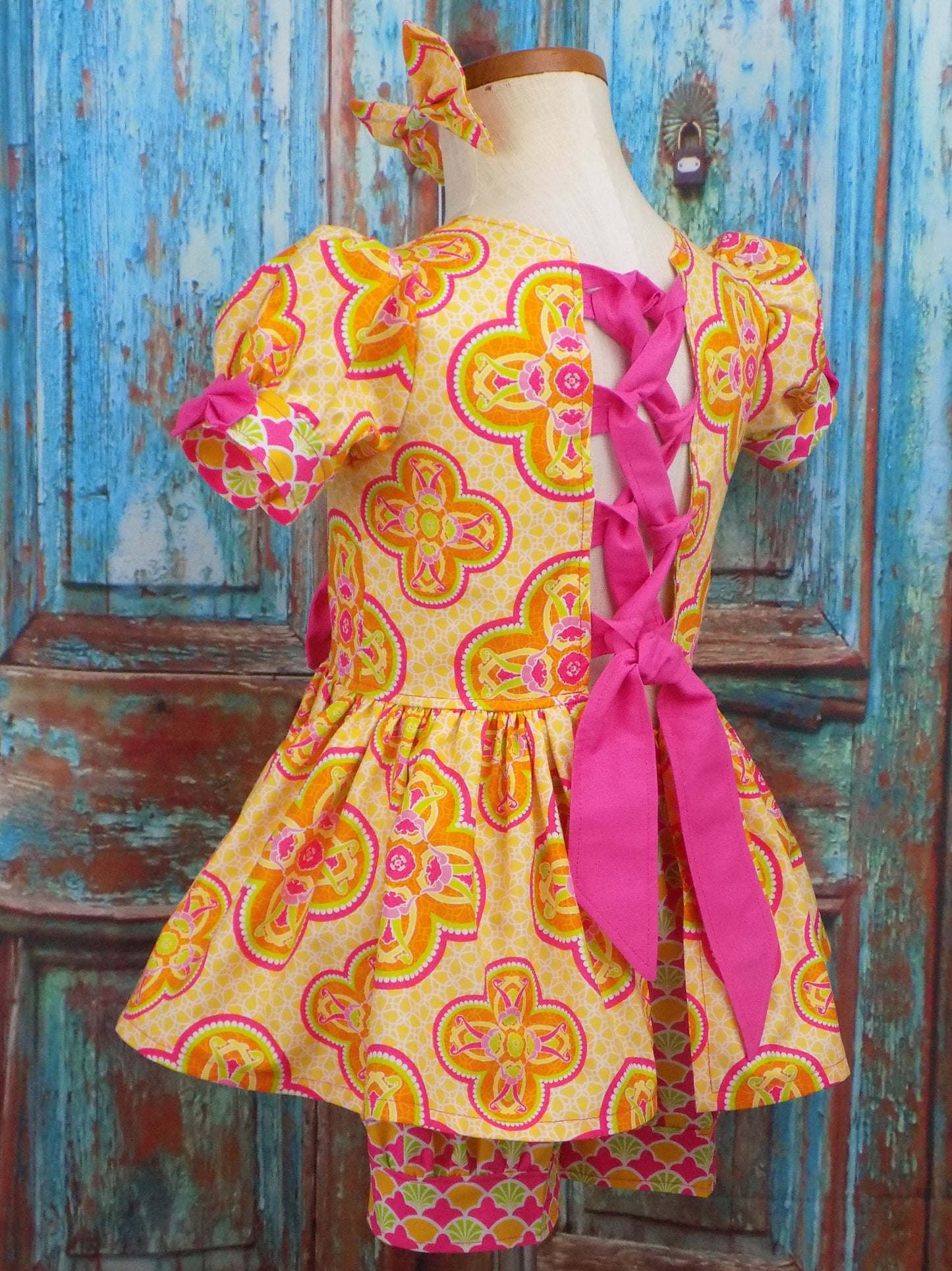 Neon Orange Yellow and Pink Medallion Pageant Casual Wear Outfit. Top Shorts Bow Sportswear Set