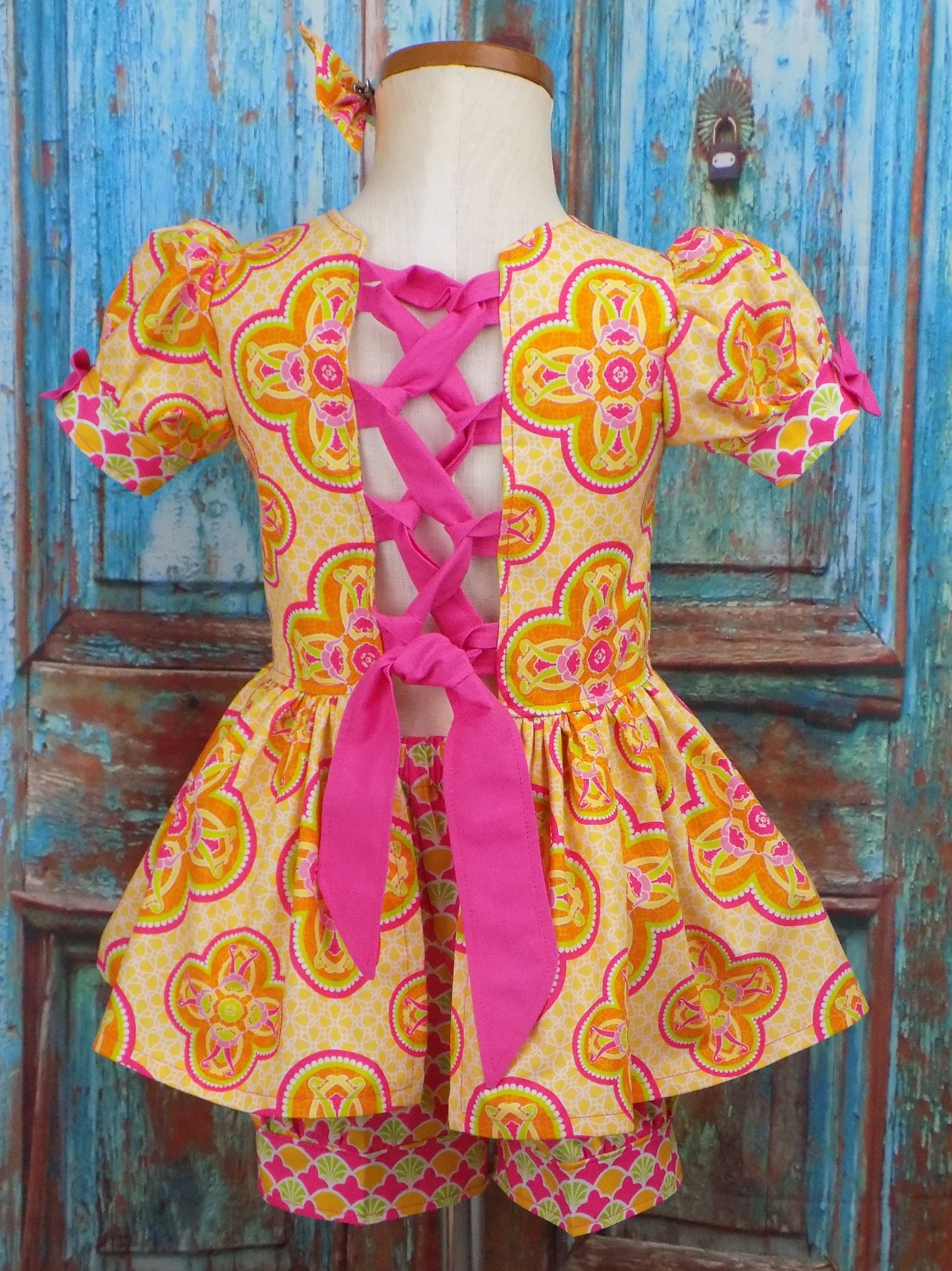 Neon Orange Yellow and Pink Medallion Pageant Casual Wear Outfit. Top Shorts Bow Sportswear Set