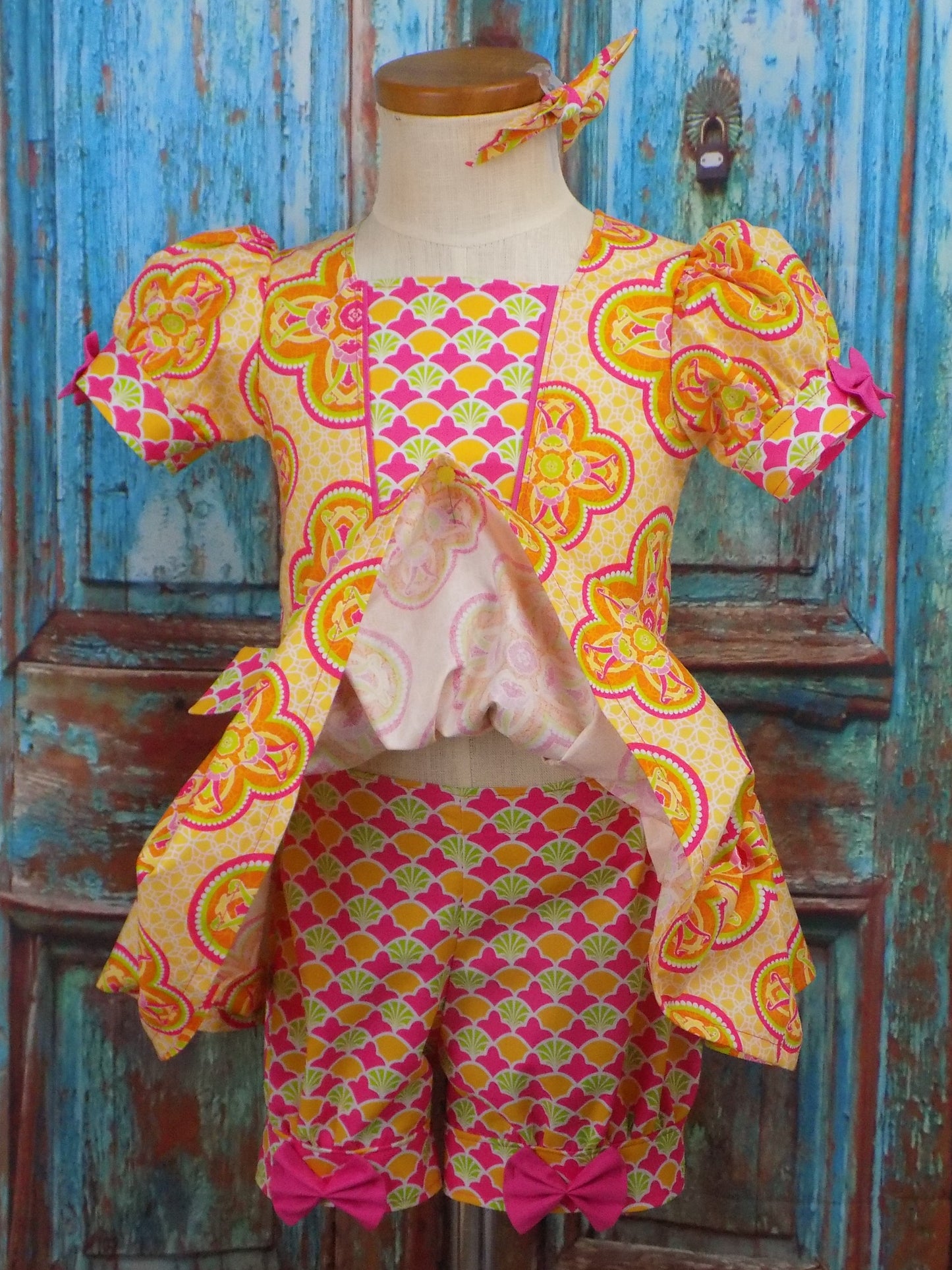 Neon Orange Yellow and Pink Medallion Pageant Casual Wear Outfit. Top Shorts Bow Sportswear Set