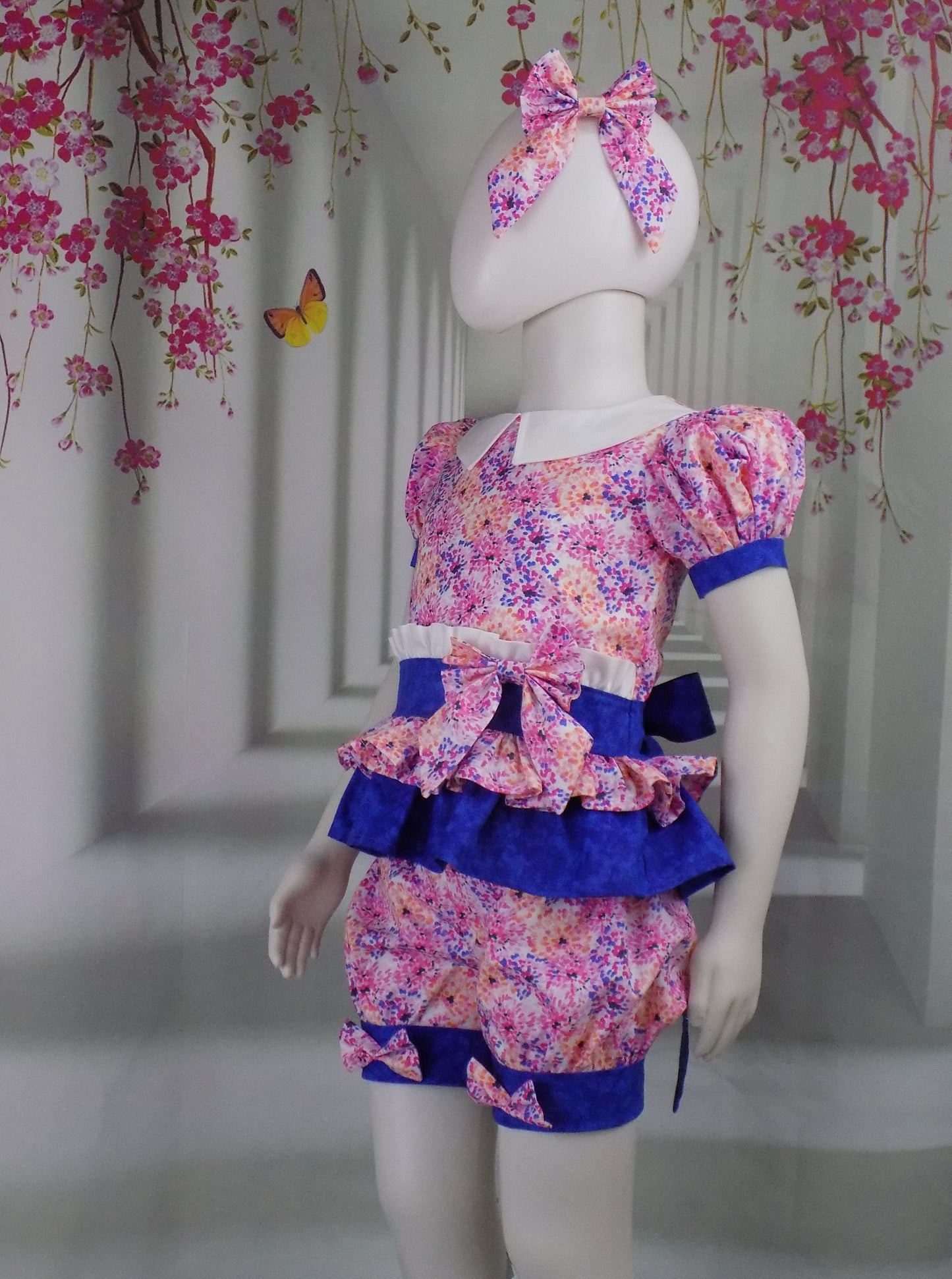 Pink Floral Pageant Casual Wear Outfit, Top Shorts Bow Set