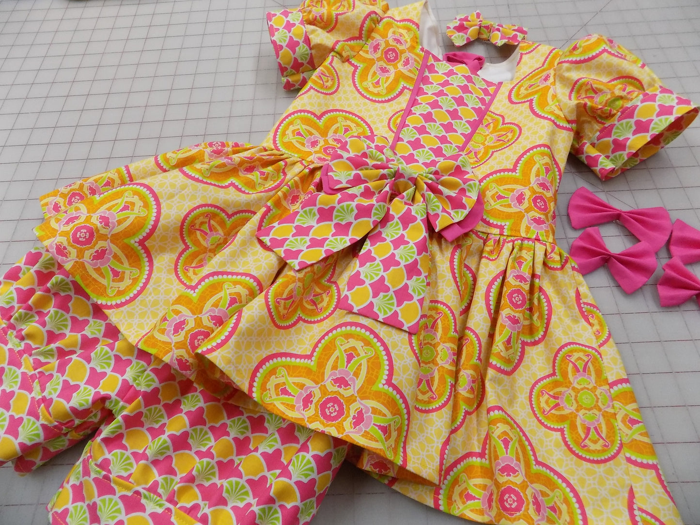 Neon Orange Yellow and Pink Medallion Pageant Casual Wear Outfit. Top Shorts Bow Sportswear Set