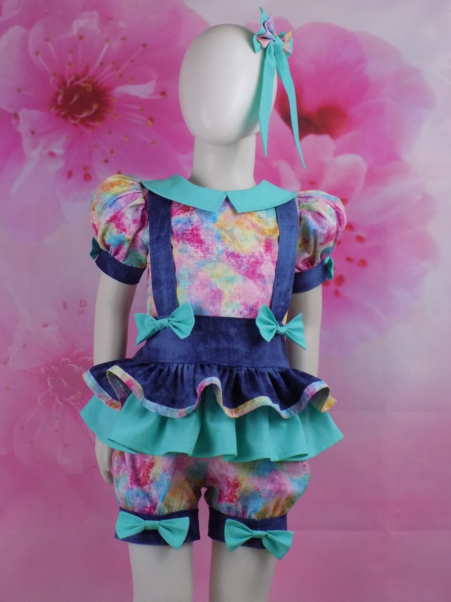 Denim and Tie Dye Pageant Casual Wear Outfit. Top, Shorts, Suspender Skirt and Bows Multi Use Set.