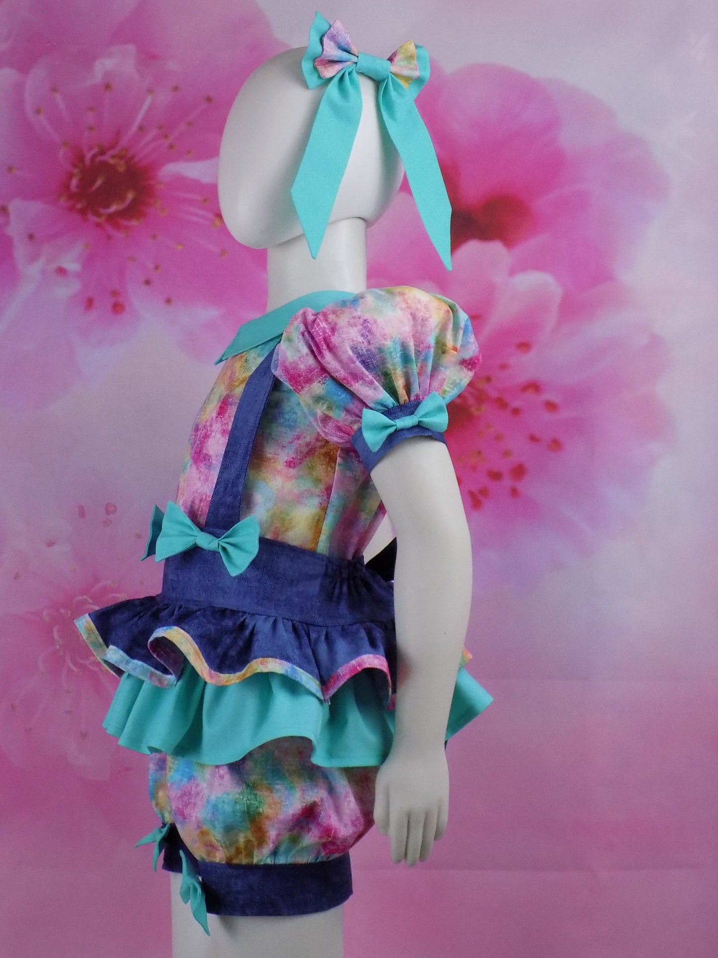 Denim and Tie Dye Pageant Casual Wear Outfit. Top, Shorts, Suspender Skirt and Bows Multi Use Set.