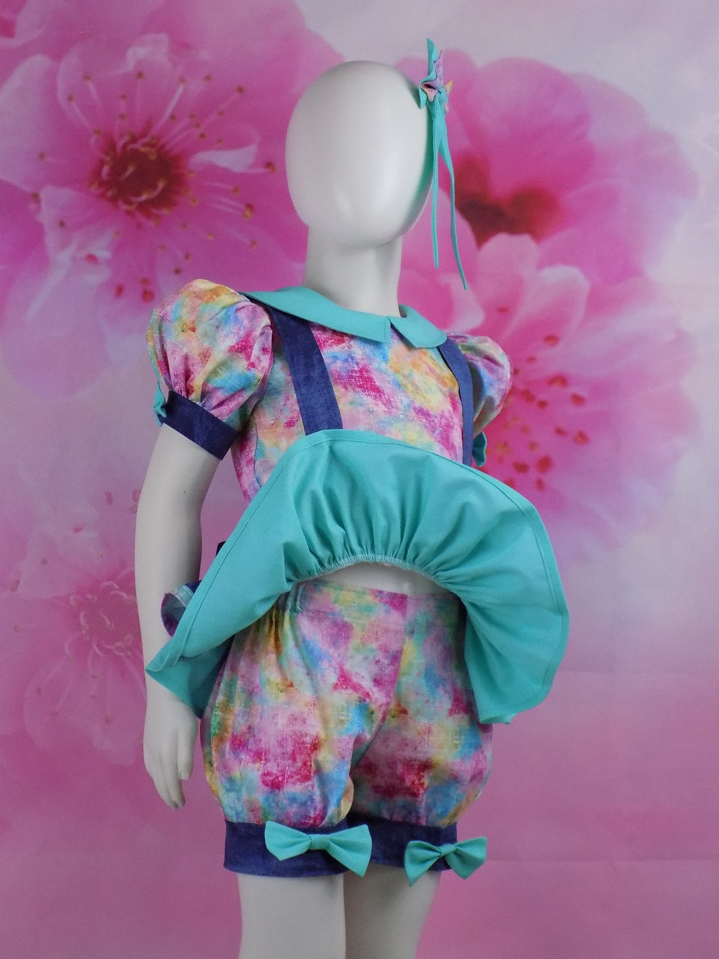 Denim and Tie Dye Pageant Casual Wear Outfit. Top, Shorts, Suspender Skirt and Bows Multi Use Set.