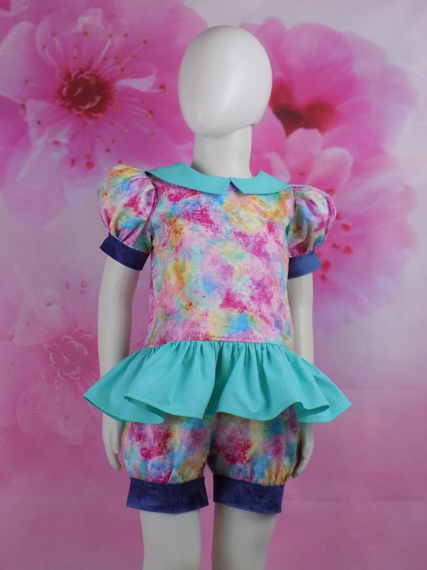 Denim and Tie Dye Pageant Casual Wear Outfit. Top, Shorts, Suspender Skirt and Bows Multi Use Set.