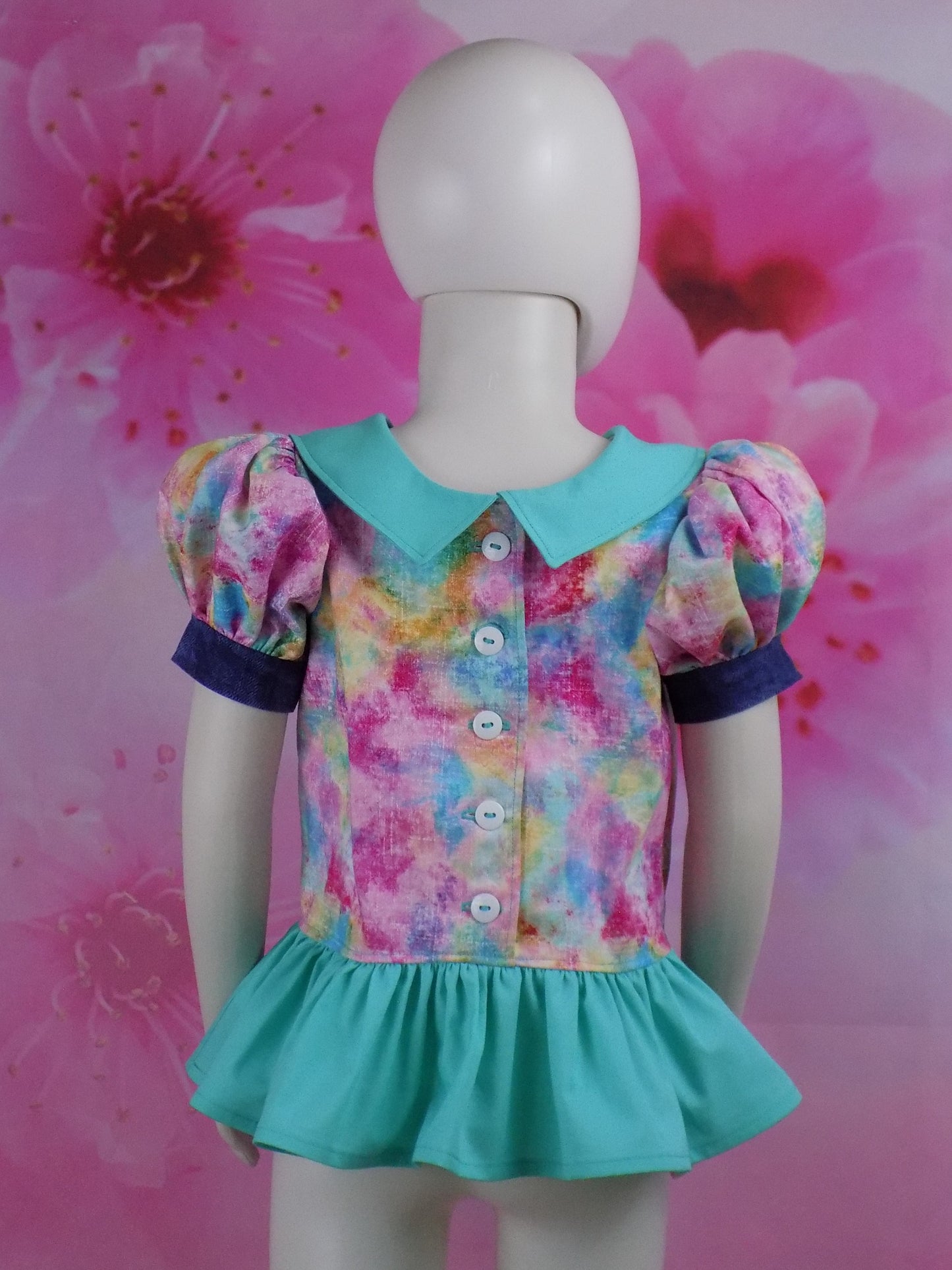 Denim and Tie Dye Pageant Casual Wear Outfit. Top, Shorts, Suspender Skirt and Bows Multi Use Set.