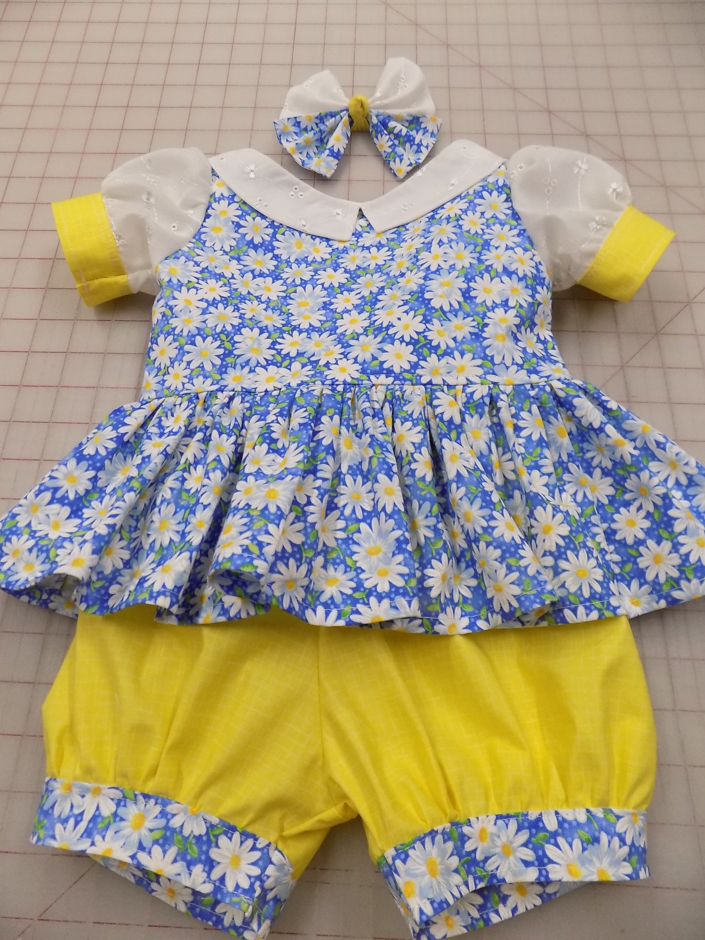 Blue Daisy Floral Pageant Casual Wear Outfit. Top, Shorts, White Eyelet Suspender Skirt and Bow Set.