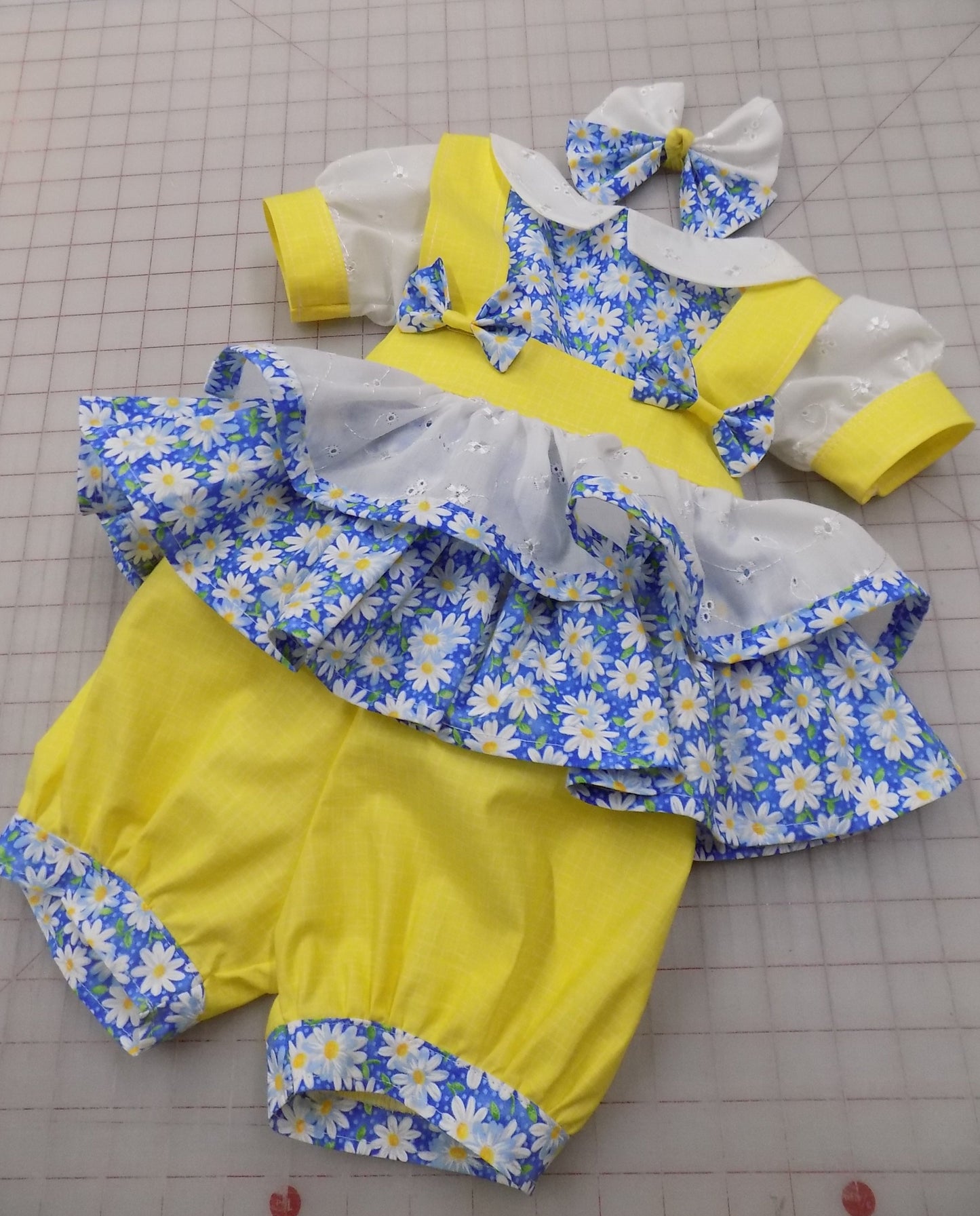 Blue Daisy Floral Pageant Casual Wear Outfit. Top, Shorts, White Eyelet Suspender Skirt and Bow Set.