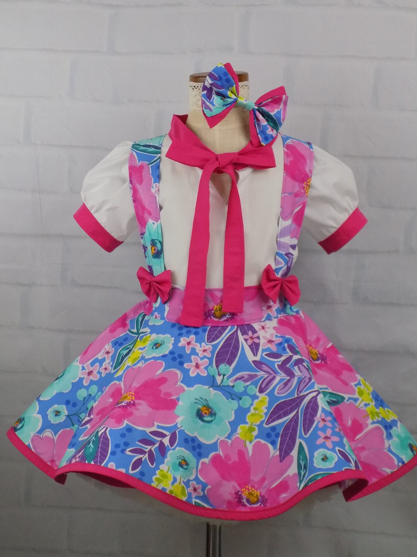 Pageant Casual Wear Set, Girls Floral Blouse and Suspender Skirt Outfit in florals for Toddlers to Mini Miss