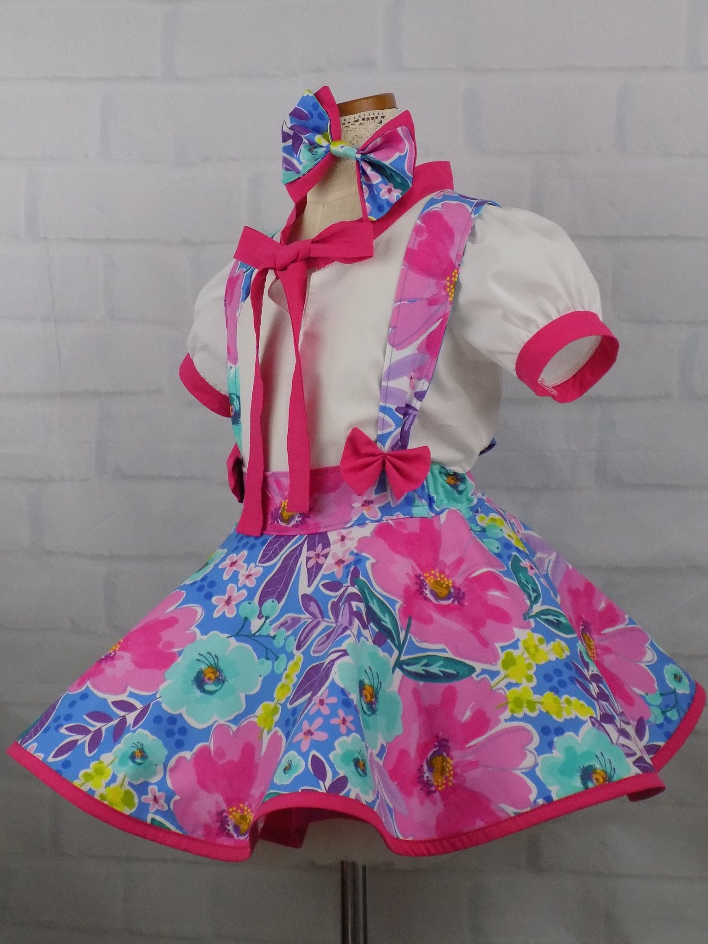 Pageant Casual Wear Set, Girls Floral Blouse and Suspender Skirt Outfit in florals for Toddlers to Mini Miss