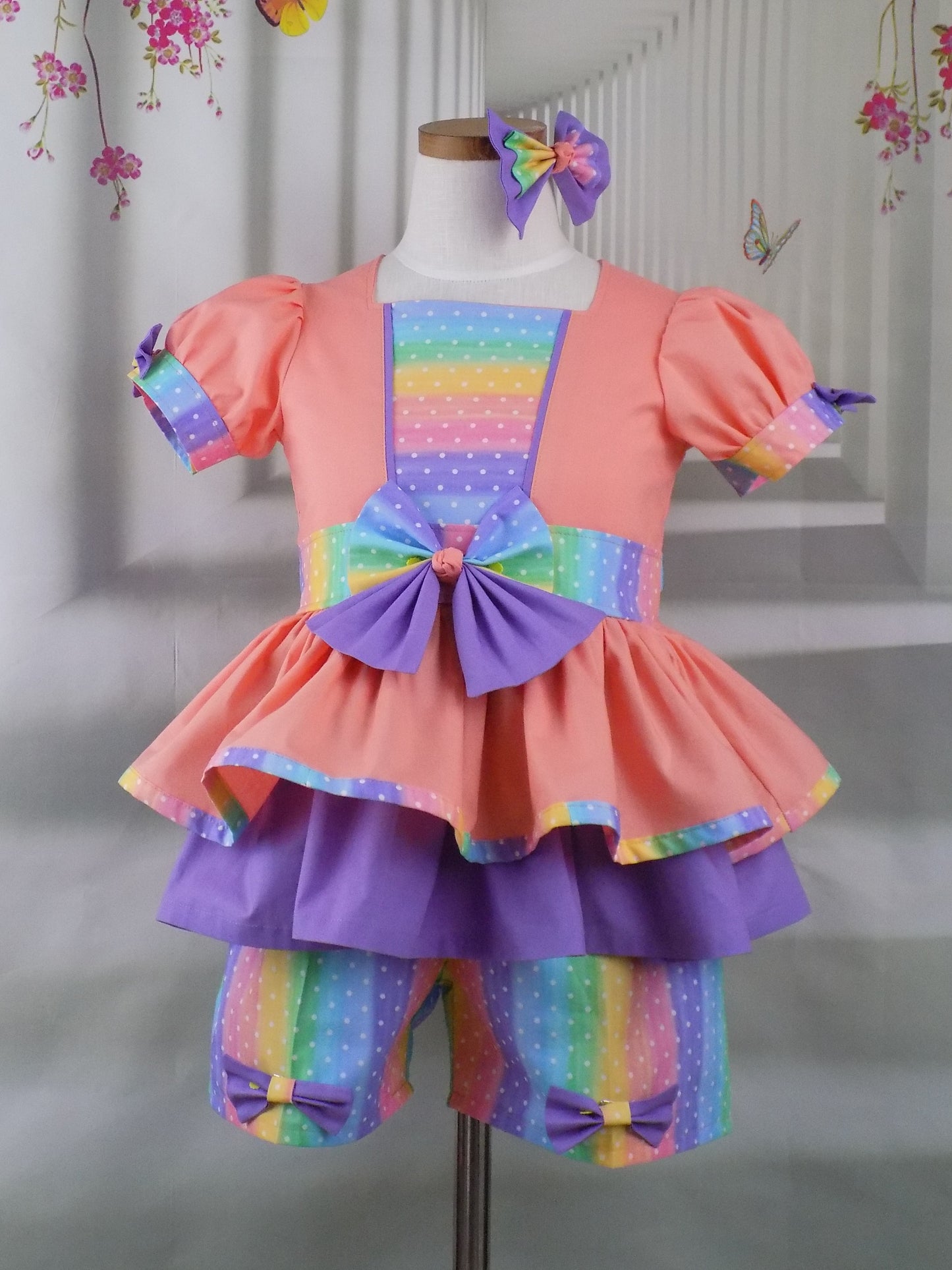 Pastel Rainbow and Dots Pageant Casual Wear Outfit. Top Shorts Bow Set.  Perfect for Spring or Summer