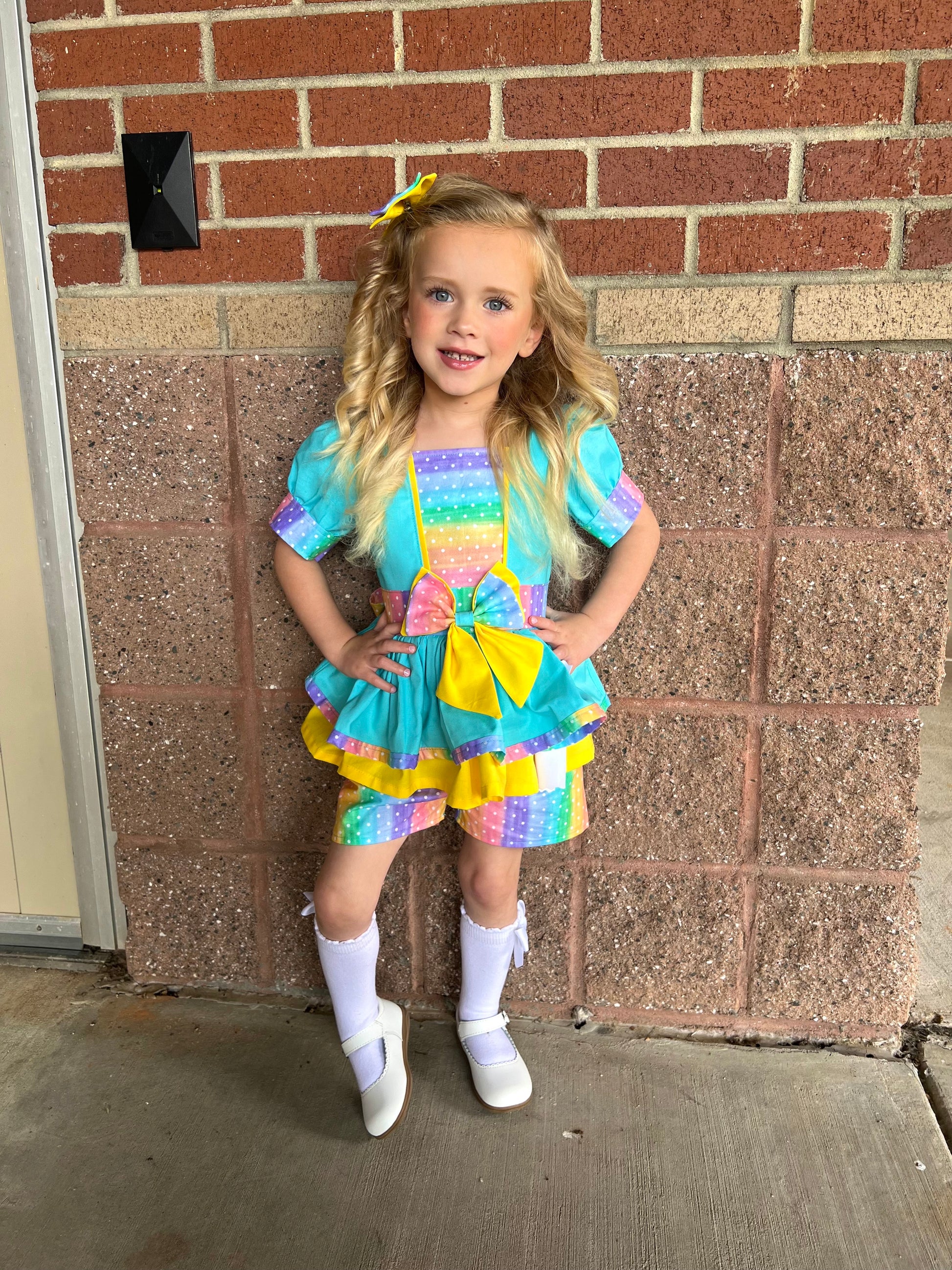 Pastel Rainbow and Dots Pageant Casual Wear Outfit. Top Shorts Bow Set Unique Boutique Kathy Pastel Rainbow and Dots Pageant Casual Wear Outfit. Top Shorts Bow Set Unique Boutique Kathy
