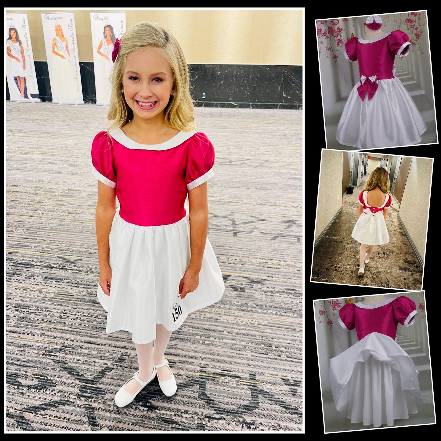 Hot Pink and White Interview Dress for Pageants in Faux Silk Dupioni for Toddlers to Mini Miss