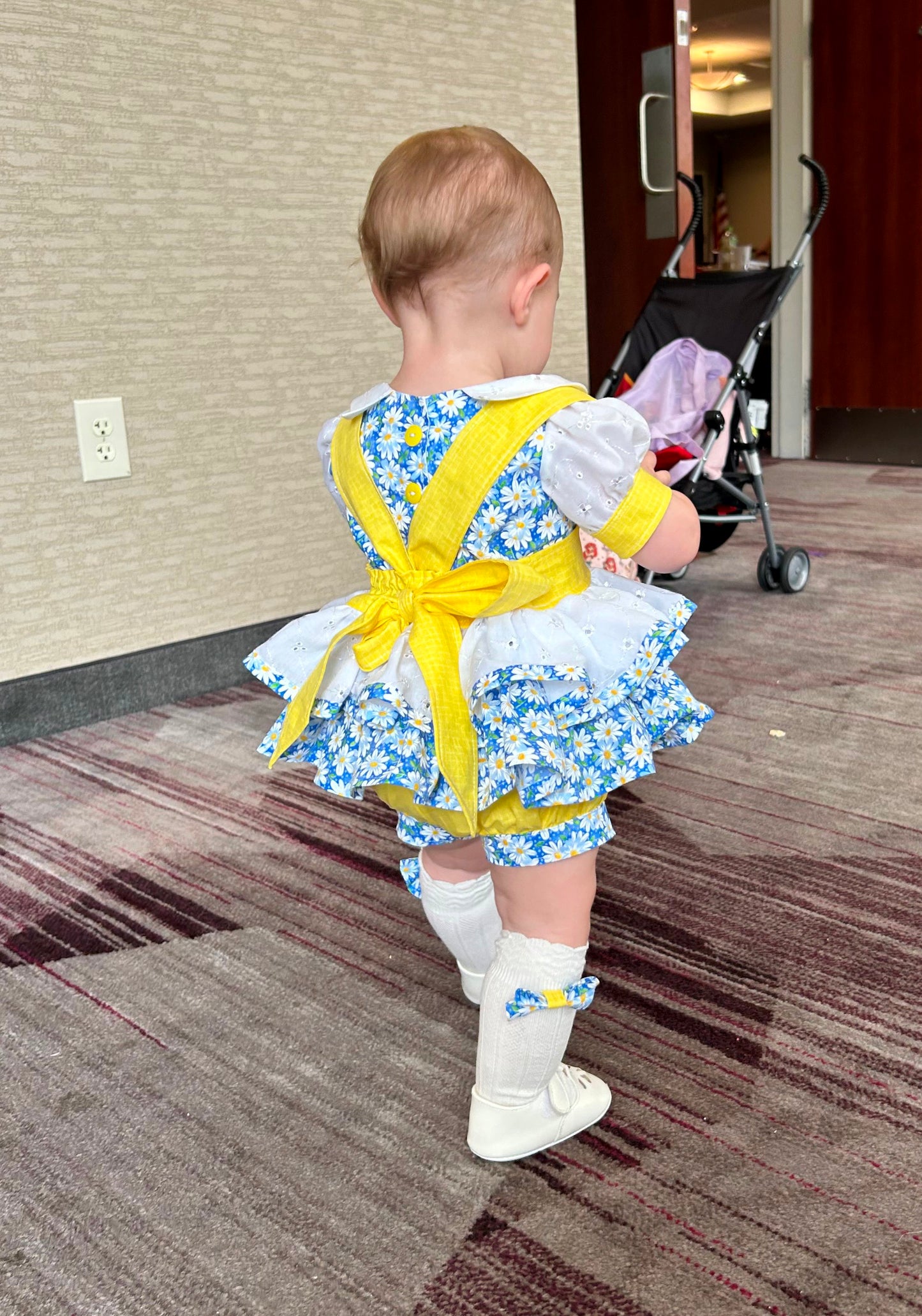 Blue Daisy Floral Pageant Casual Wear Outfit. Top, Shorts, White Eyelet Suspender Skirt and Bow Set.