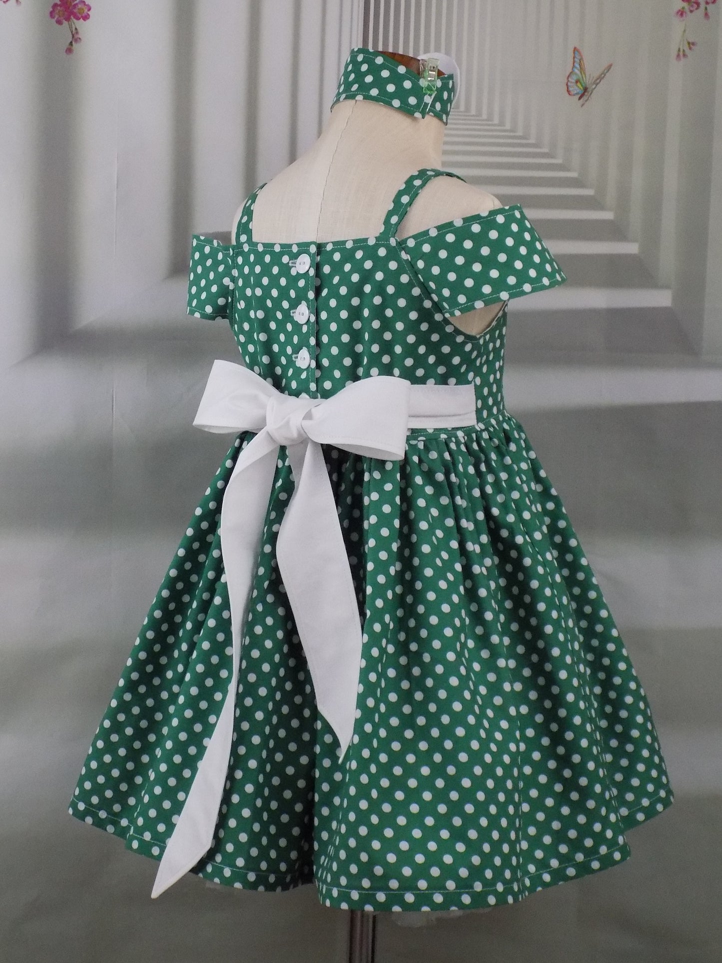 Shoulder Wrap Green Polka Dot Dress with Collar for Girls Pageant Personality Wear