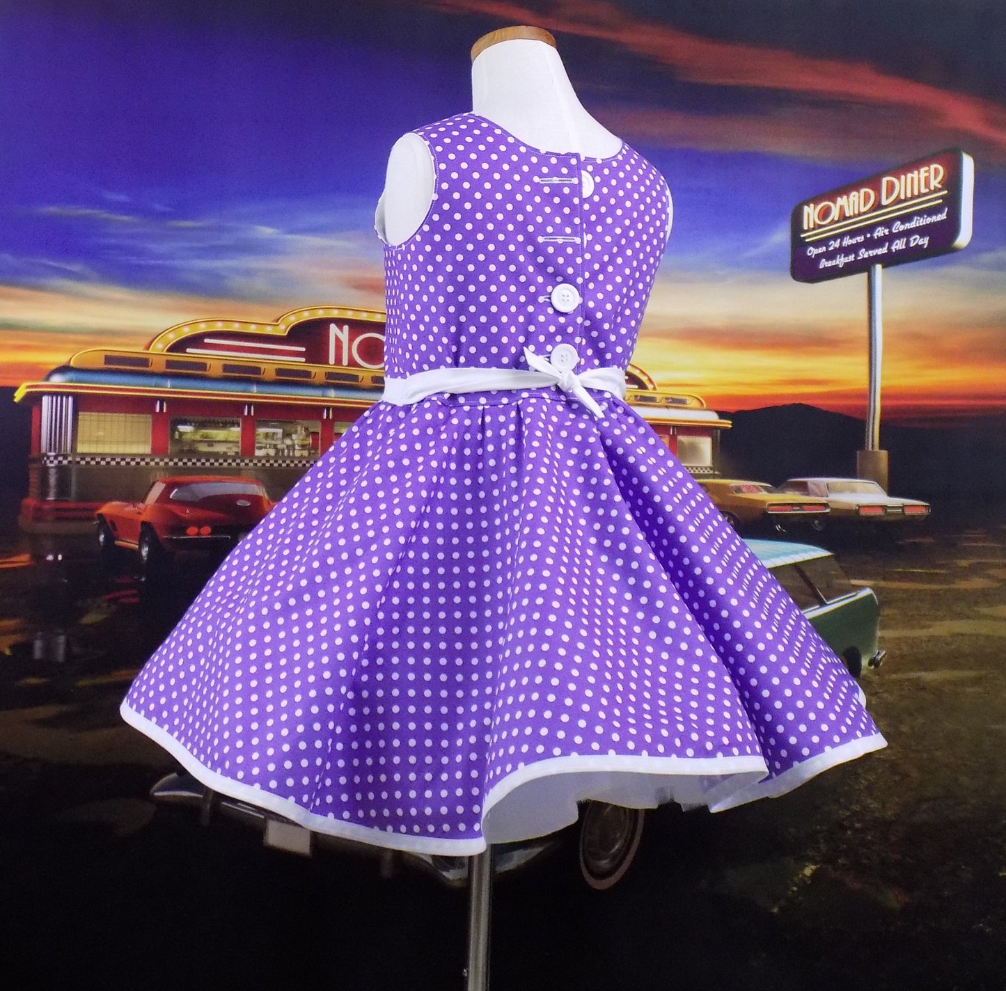 Girls Sleeveless Violet Purple Polka Dot Dress for Pageant Personality Wear, Interview or 50's OOC