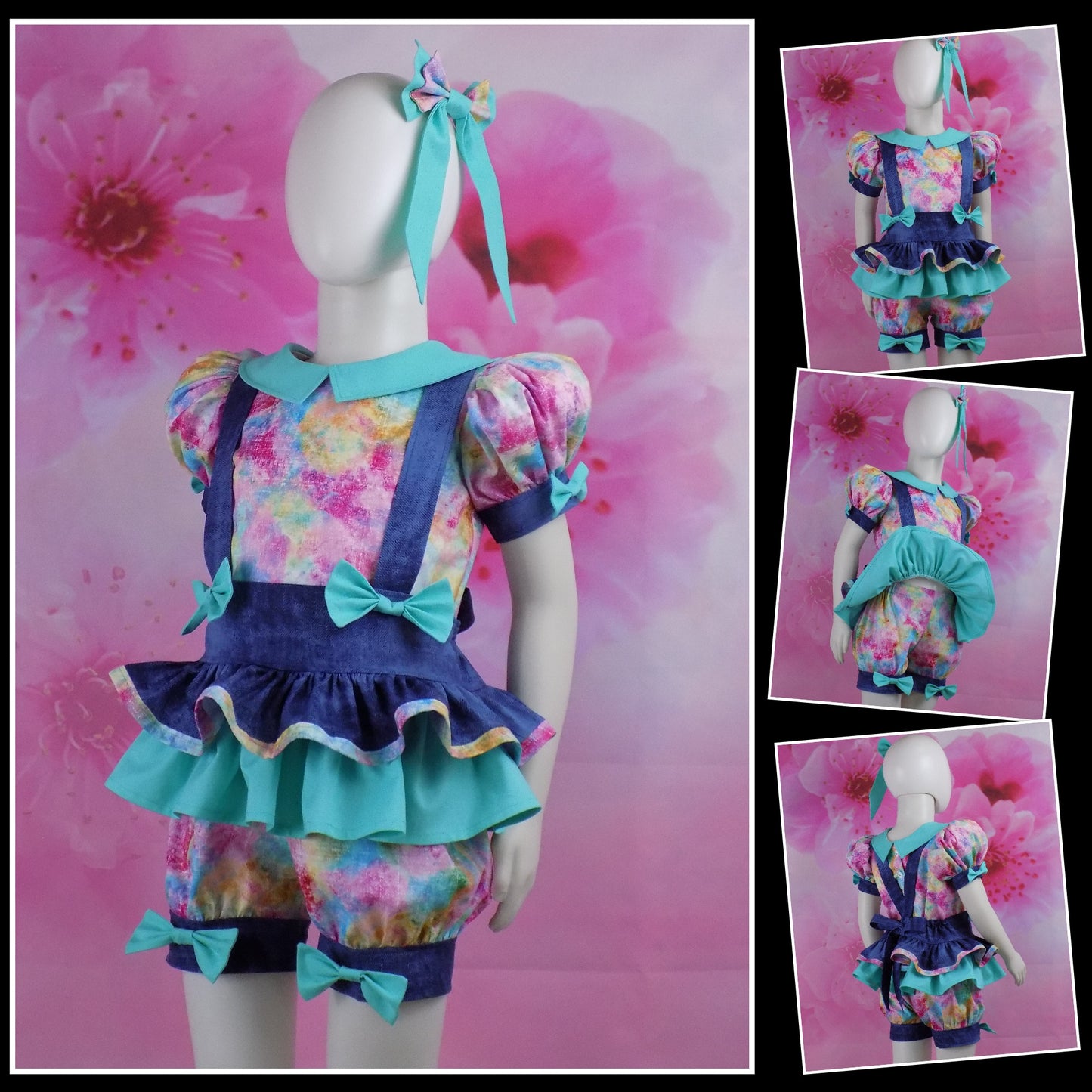 Denim and Tie Dye Pageant Casual Wear Outfit. Top, Shorts, Suspender Skirt and Bows Multi Use Set.