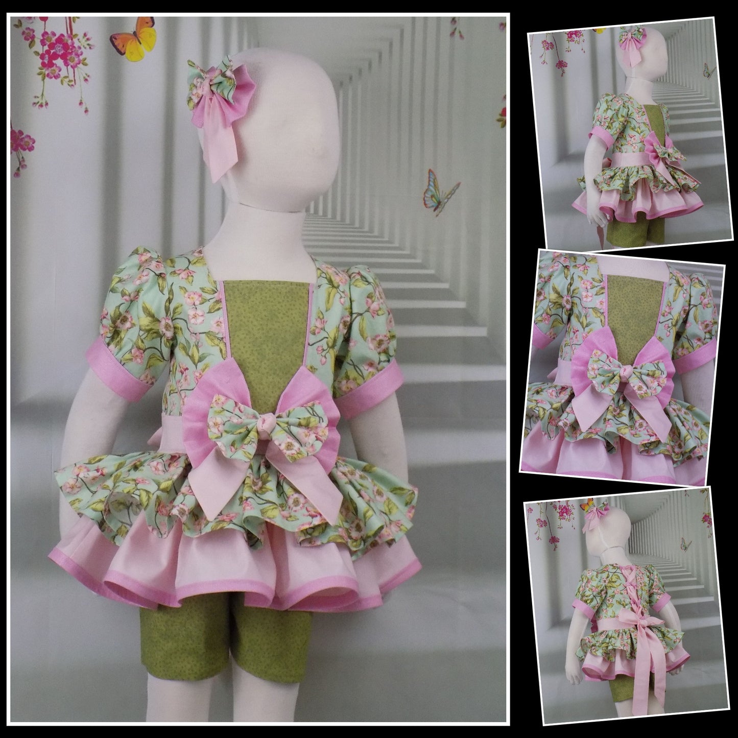 Pink Dogwood Spring Floral Pageant Casual Wear Outfit. Top Shorts Bow Sportswear Set