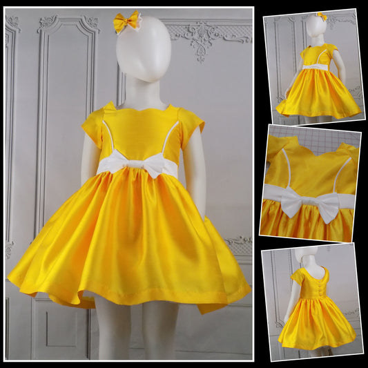 Bright Yellow Interview Dress for Pageants in Faux Silk Dupioni with Hair Bow