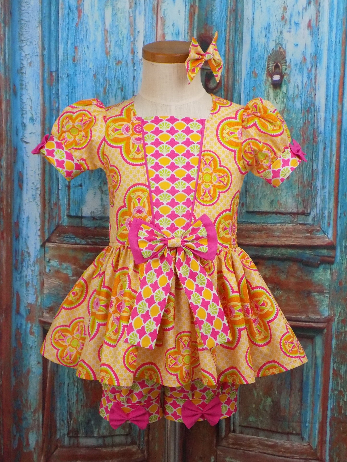 Neon Orange Yellow and Pink Medallion Pageant Casual Wear Outfit. Top Shorts Bow Sportswear Set