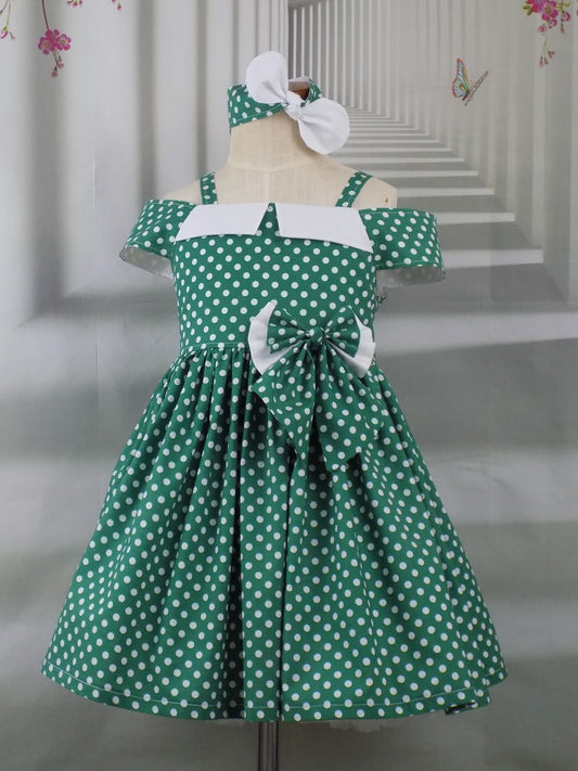 Shoulder Wrap Green Polka Dot Dress with Collar for Girls Pageant Personality Wear