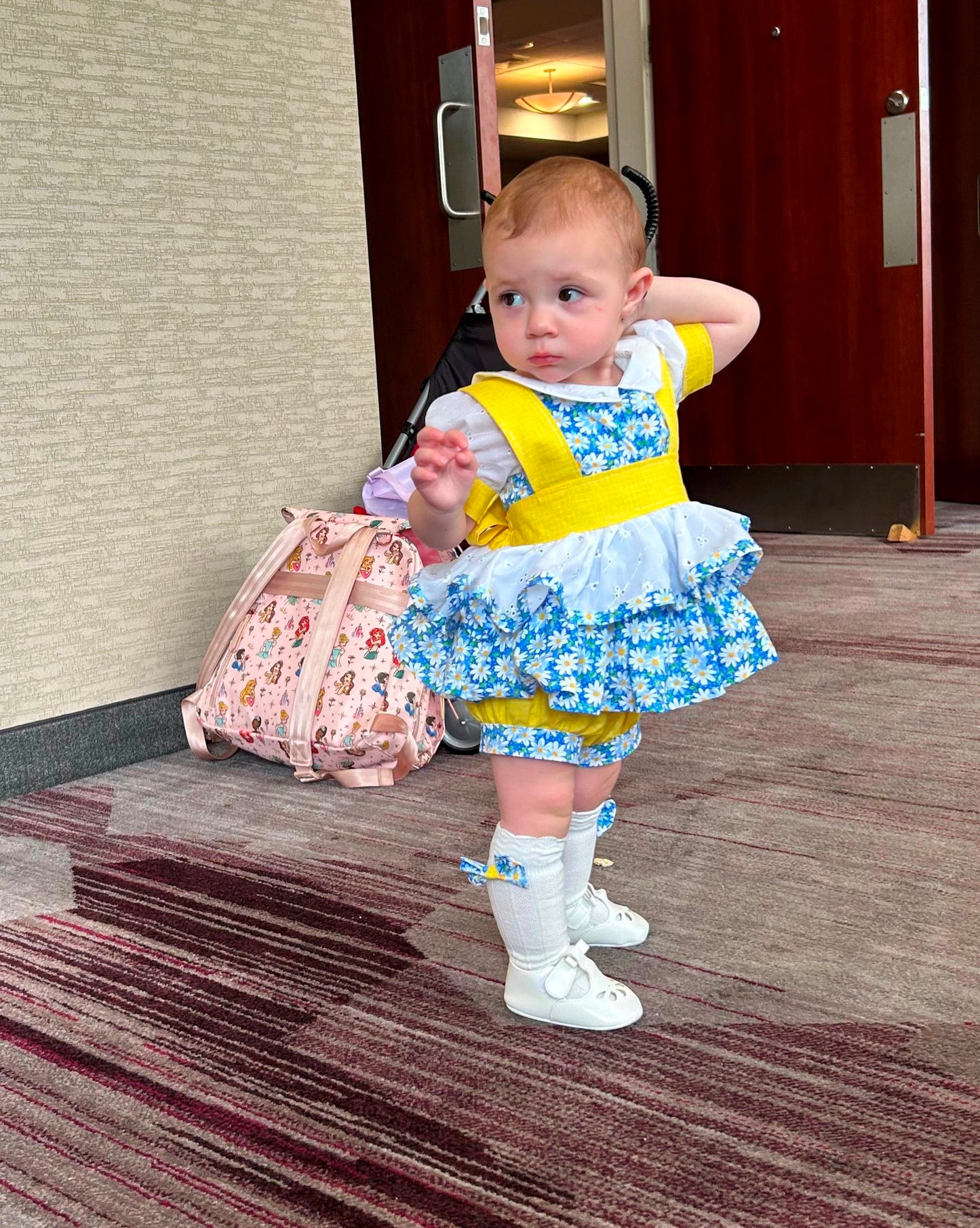 Blue Daisy Floral Pageant Casual Wear Outfit. Top, Shorts, White Eyelet Suspender Skirt and Bow Set.