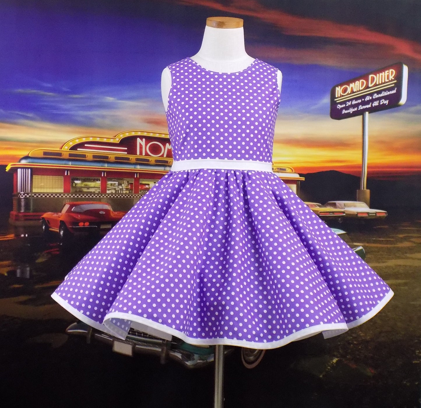 Girls Sleeveless Violet Purple Polka Dot Dress for Pageant Personality Wear, Interview or 50's OOC