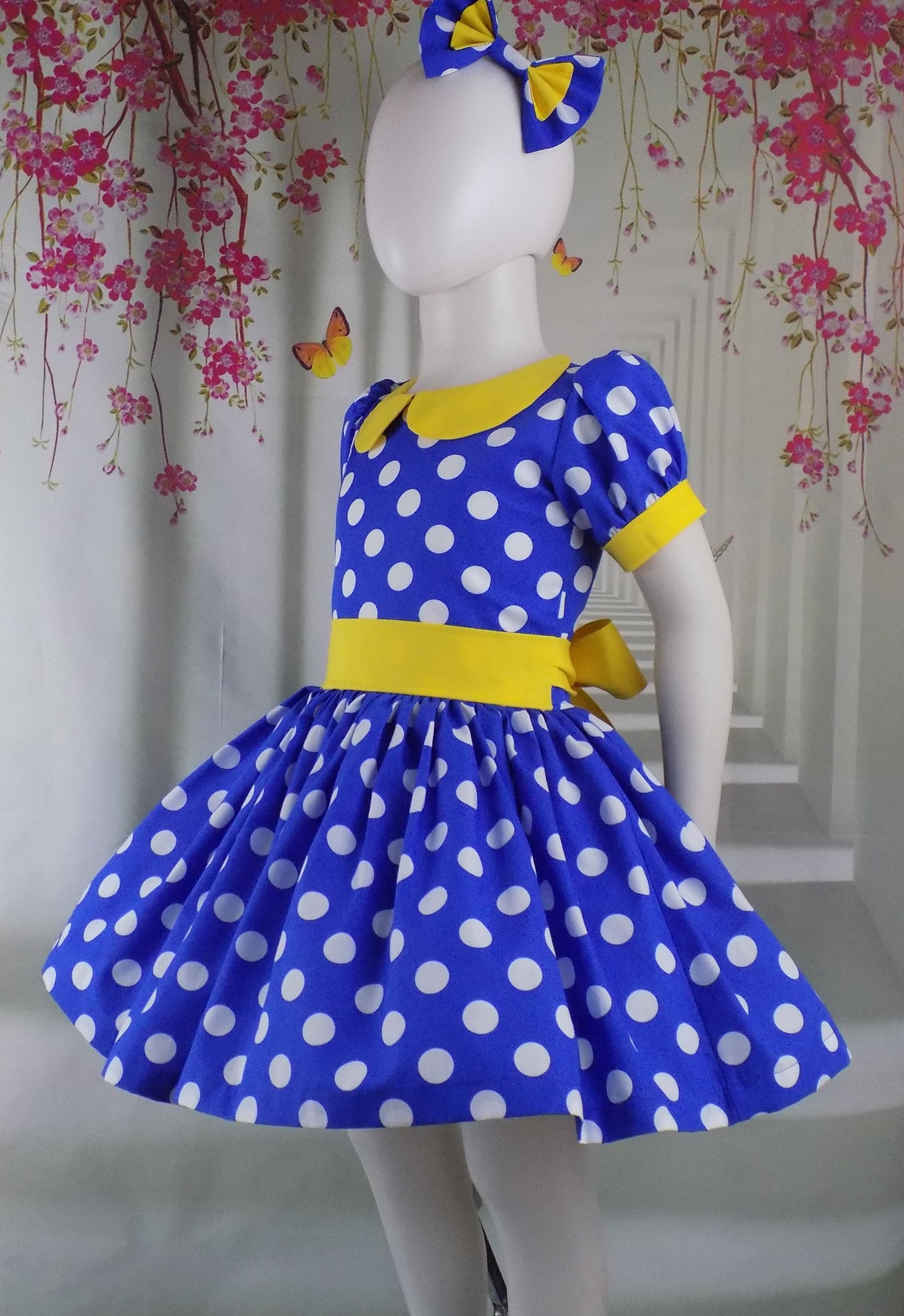 Royal Blue Polka Dot Dress with Collar for Girls Pageant Personality Wear