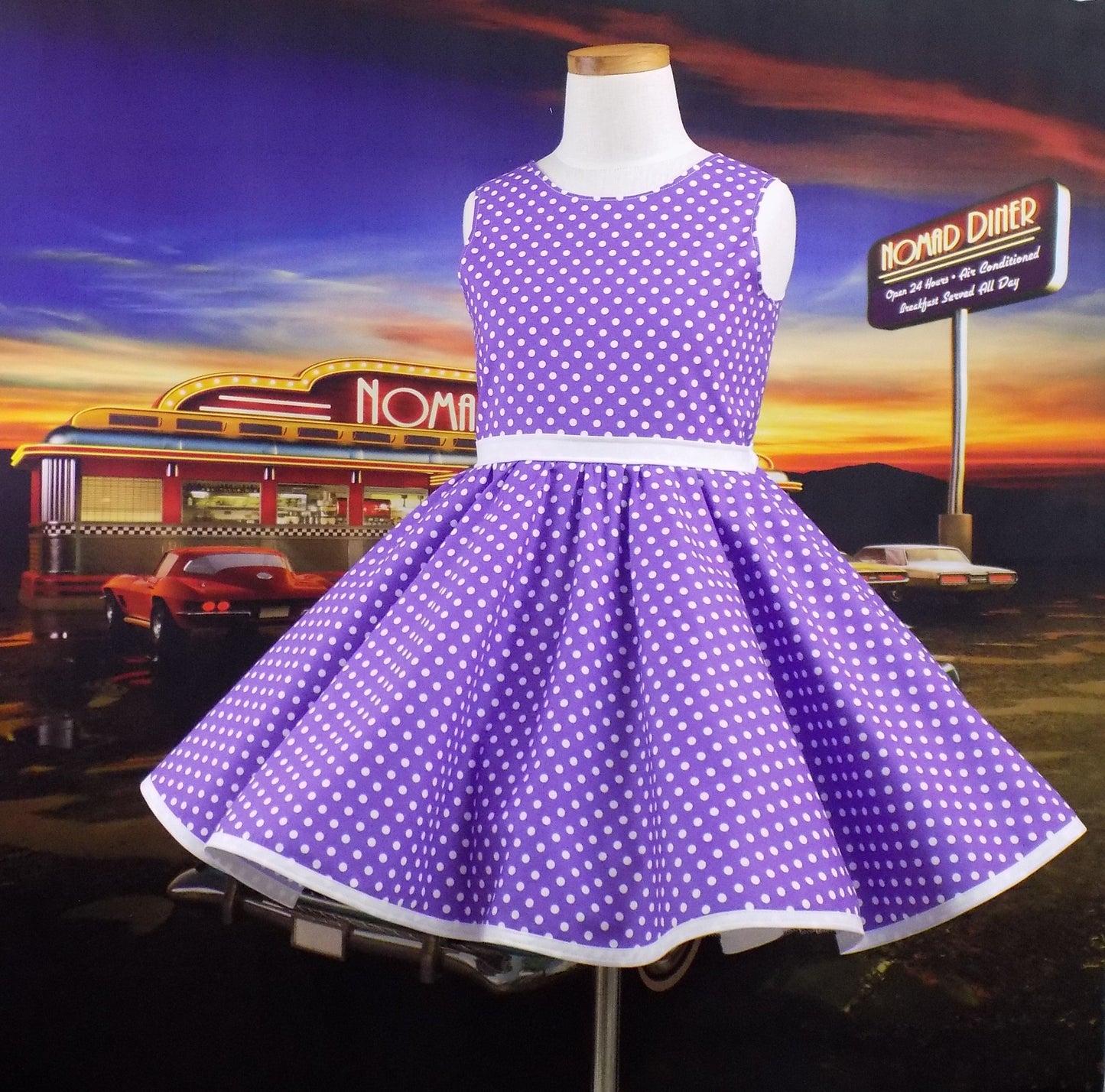 Girls Sleeveless Violet Purple Polka Dot Dress for Pageant Personality Wear, Interview or 50's OOC