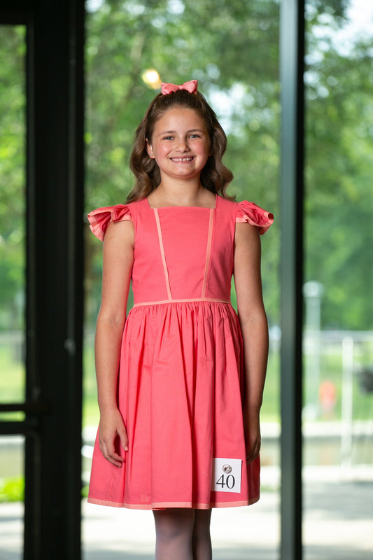 Peach Interview Dress with Square Neckline and Flutter Sleeves for Pageants, Mini Miss Divion