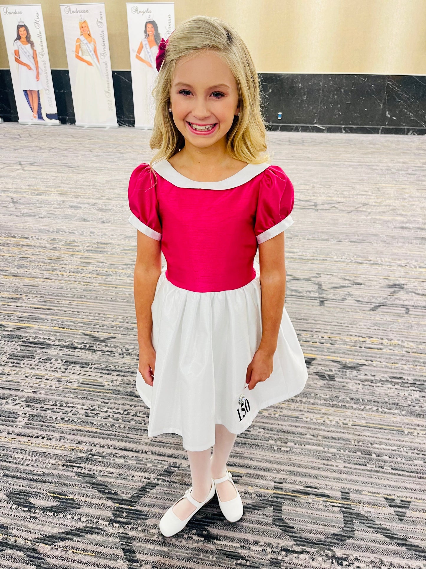 Hot Pink and White Interview Dress for Pageants in Faux Silk Dupioni for Toddlers to Mini Miss