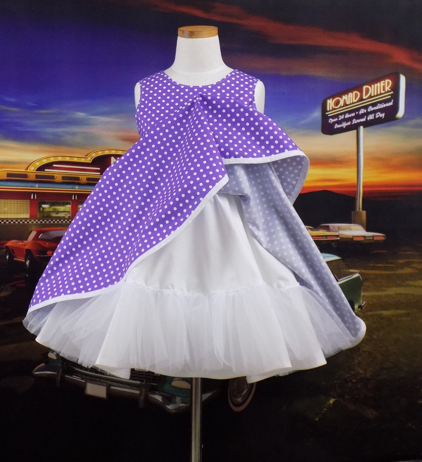 Girls Sleeveless Violet Purple Polka Dot Dress for Pageant Personality Wear, Interview or 50's OOC