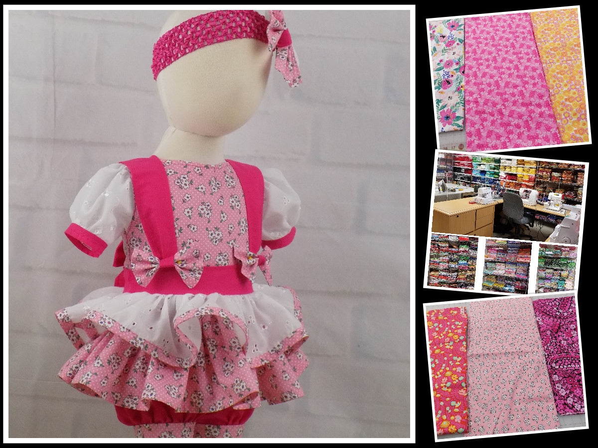 Ditzy Pink Floral and Eyelet Pageant Casual Wear Outfit. Top, Shorts, Suspender Skirt and Bow Set.