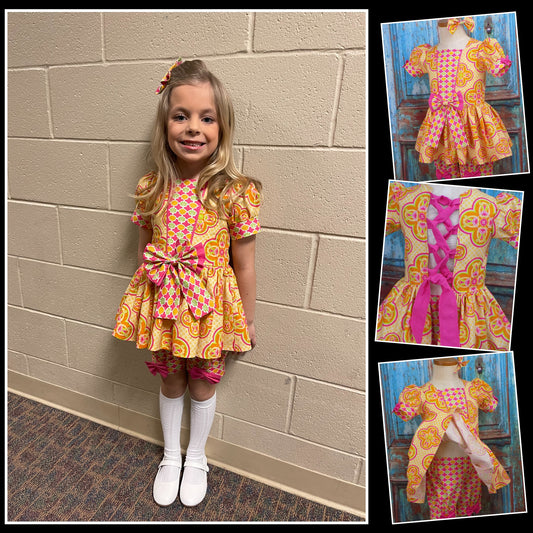 Neon Orange Yellow and Pink Medallion Pageant Casual Wear Outfit. Top Shorts Bow Sportswear Set